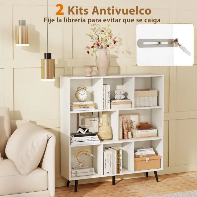 Estante de 3 níveis com 8 cubos, 4 pés de metal e dispositivo anti-capotamento para sala de estar ou escritório 100 x 24 x 107 cm branco