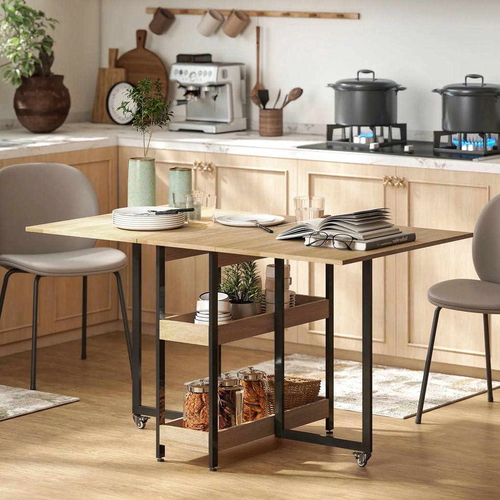 Mesa de jantar dobrável com rodas para 4 pessoas 133,4 x 80  x 75 cm (Desdobrada), com compartimentos abertos, ideal para espaços reduzidos cor carval
