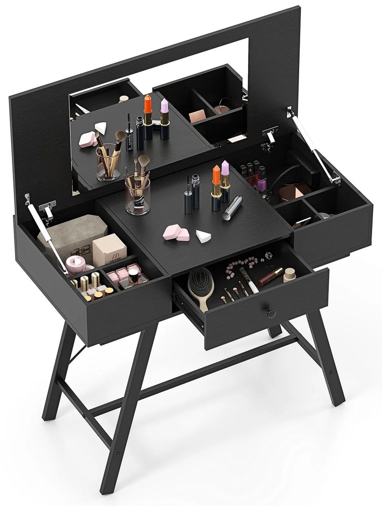 Penteadeira com espelho grande e estação de carregamento e tampa articulada e gaveta mesa de cosméticos natural