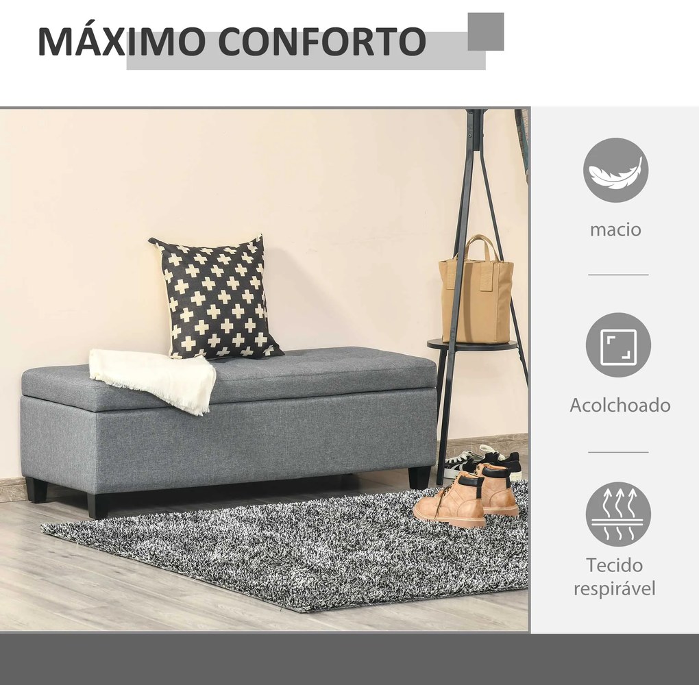 Banco de Armazenamento Acolchoado Banco Estofado em Linho Tampa com Abertura 25x49x41,5 cm Cinza