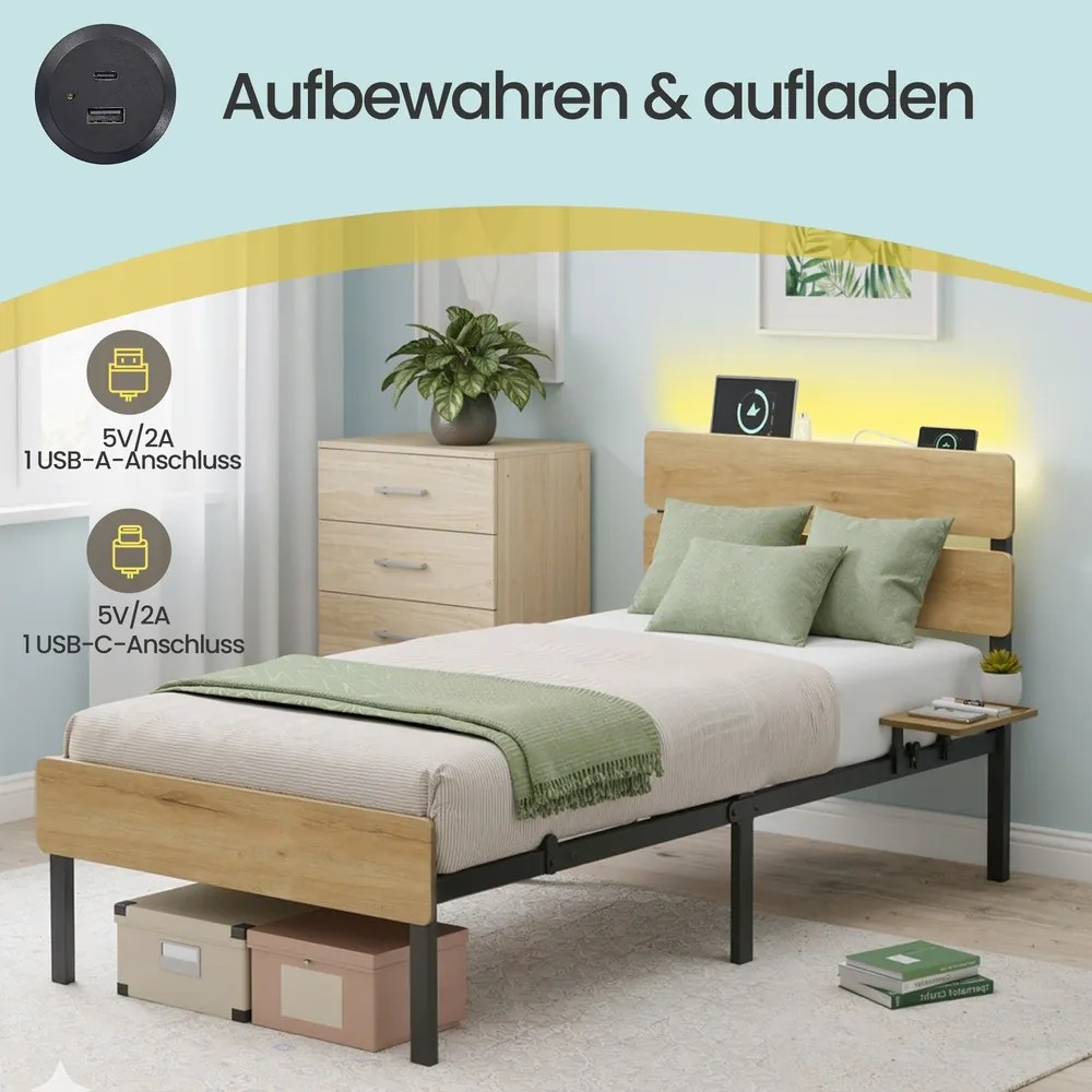 Estrutura de cama individual, 90 x 200 cm (COLChÂO NÃO INCLUIDO), com luzes LED Castanho