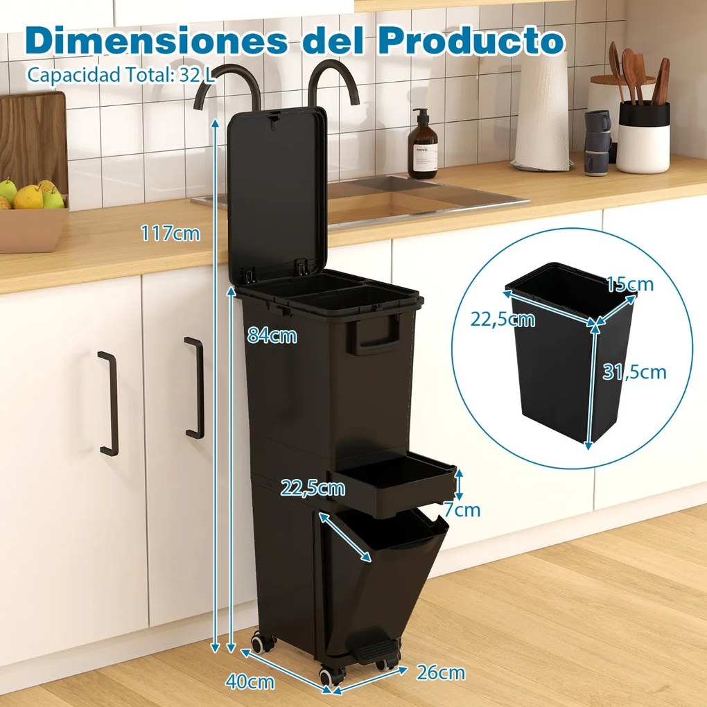 Caixote do lixo multifuncional 36 x 25 x 84 cm com 2 compartimentos e caixote inferior inclinável Preto