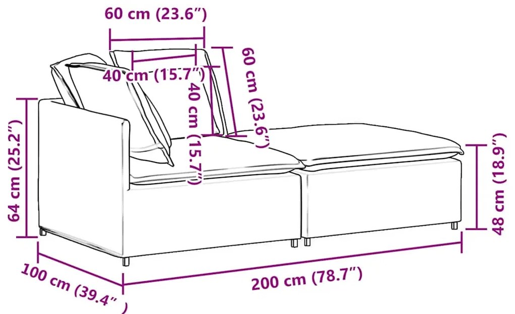 Sofá modular com pufes e almofadas veludo creme