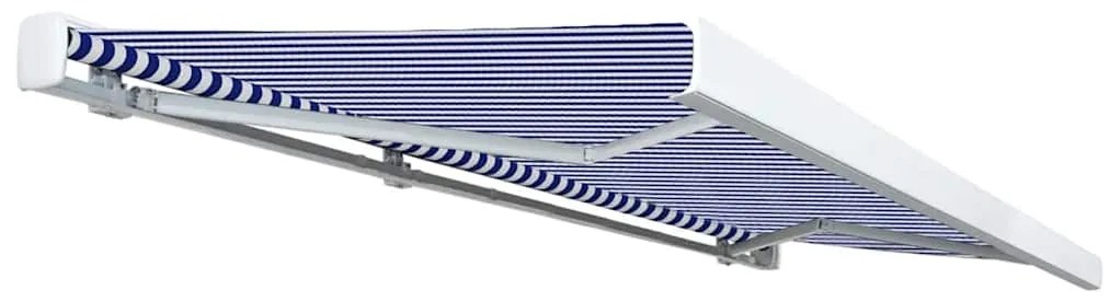 Toldo motorizado com caixa 500x300 cm azul e branco