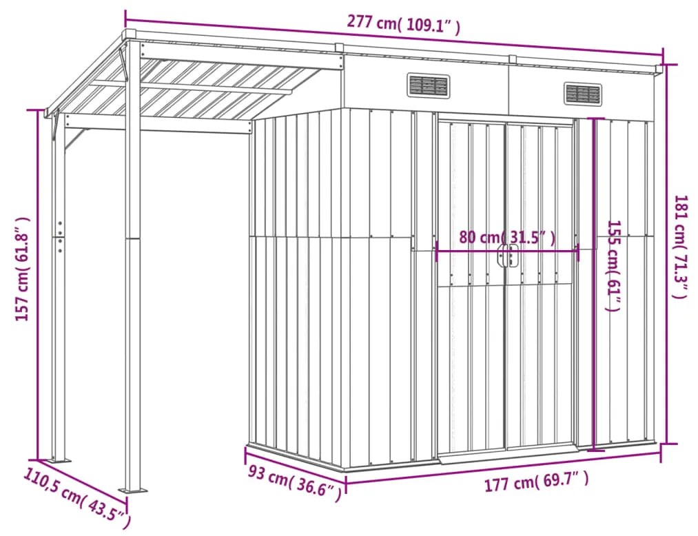 Abrigo de jardim com alpendre 277x110,5x181 cm aço castanho