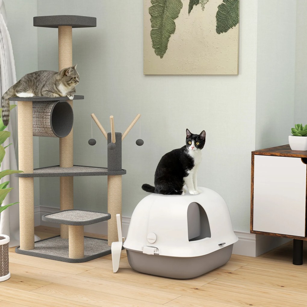 Caixa de areia para gatos com porta, pá e tampa frontal que se abre, 58 x 46 x 39 cm, cinzento claro e branco