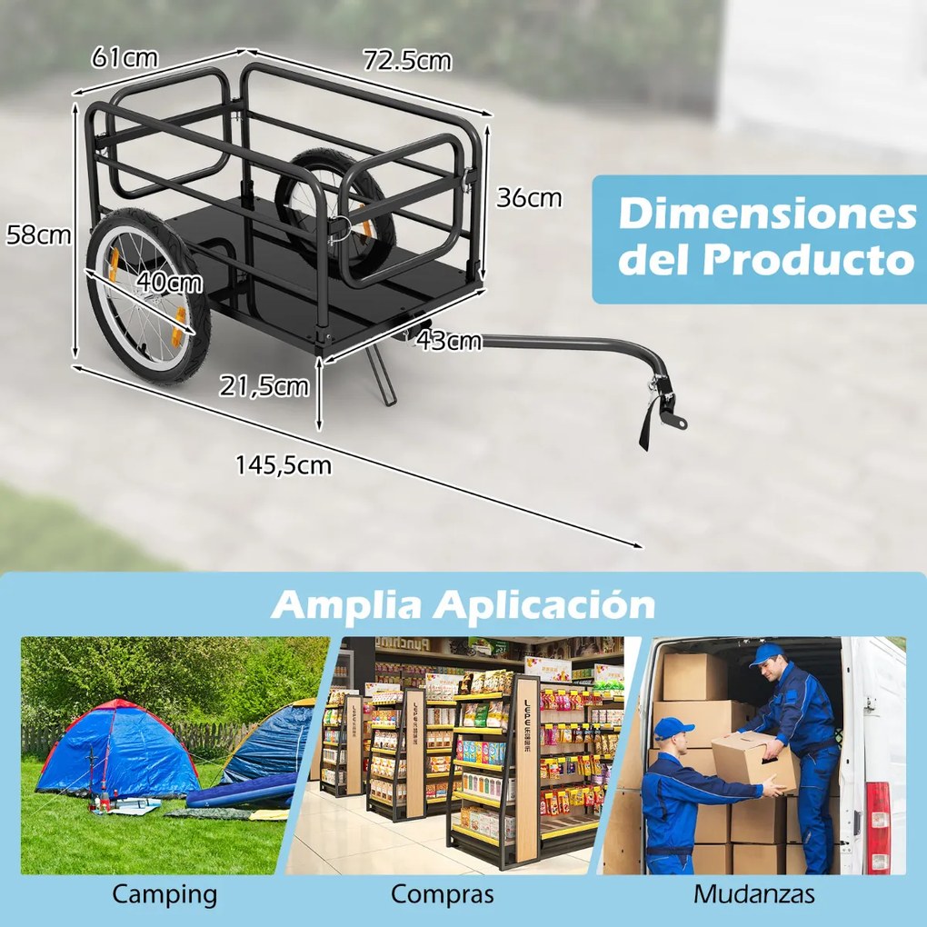 Reboque de carga para bicicletas com estrutura dobrável Cobertura de tecido Oxford Acoplador versátil Preto+Azul