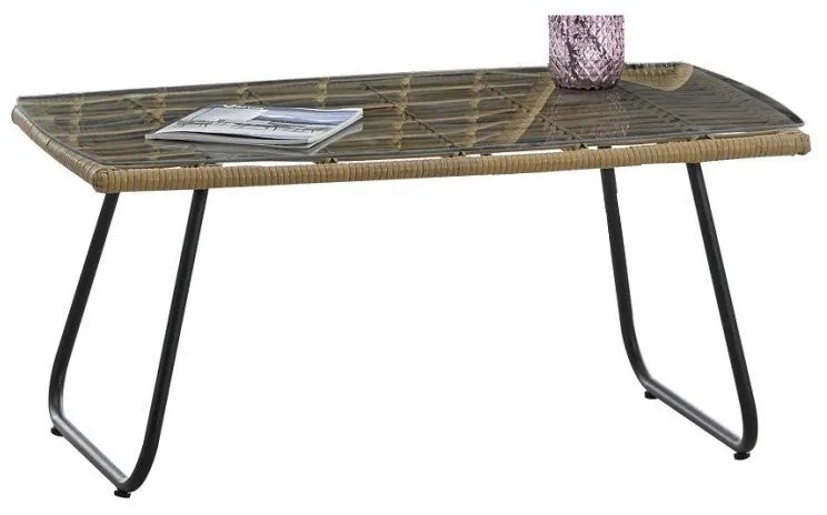 Mesa de Centro de Jardim KROYA – 93x53x43 cm – Metal, Ratán e Vidro Te