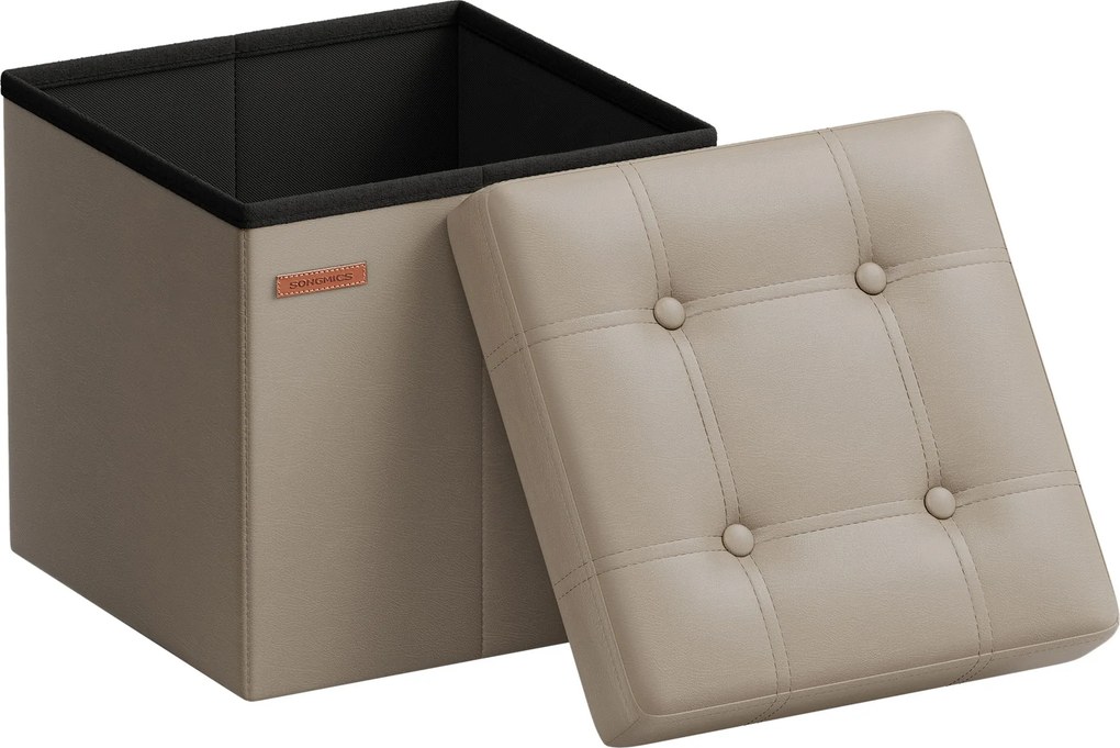 Banco quadrado arrumação 38 x 38 x 38 cm, em couro sintético, dobrável castanho claro