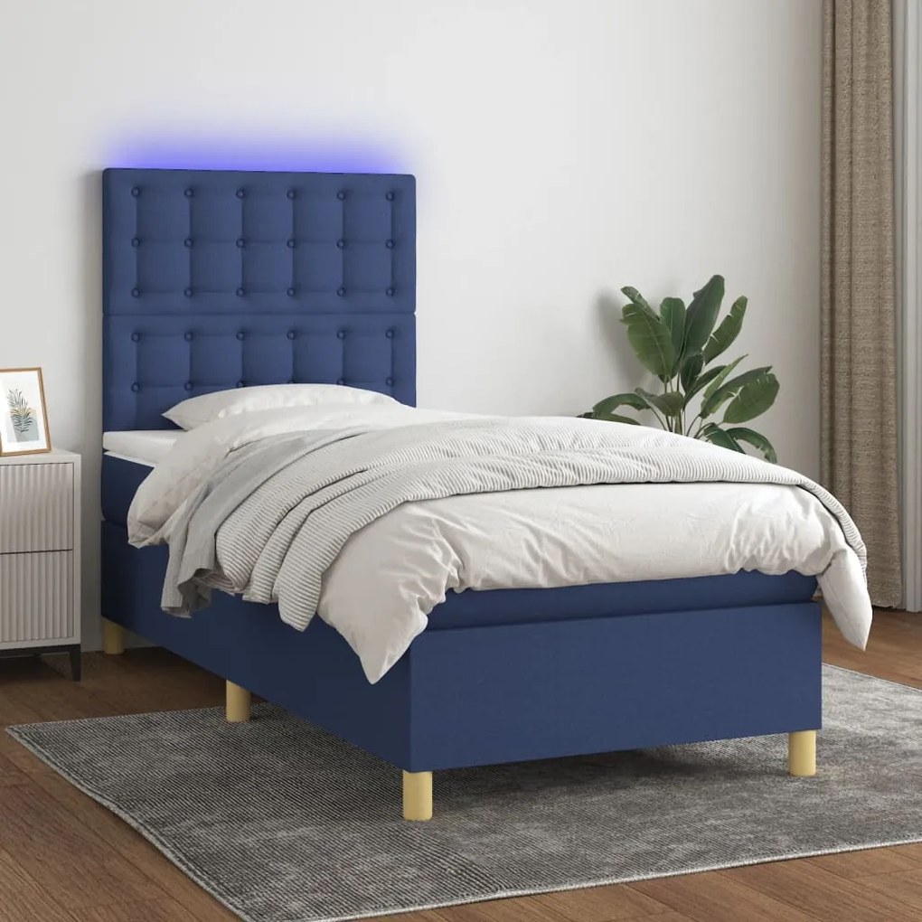 Cama box spring c/ colchão e LED 90x190 cm tecido azul