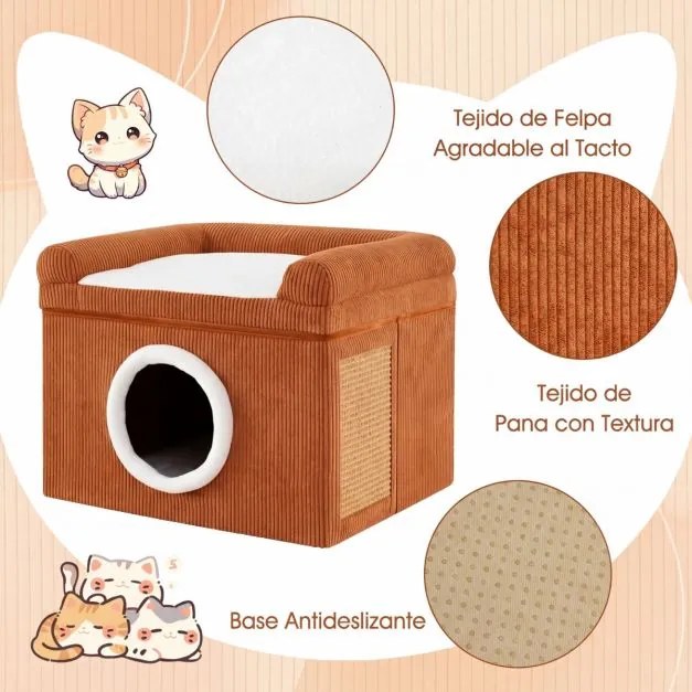 Cama para gatos de interior 49 x 41 x 39 cm - Grande caverna para gatos com condomínio, tapete de sisal para arranhar e almofada - castanha