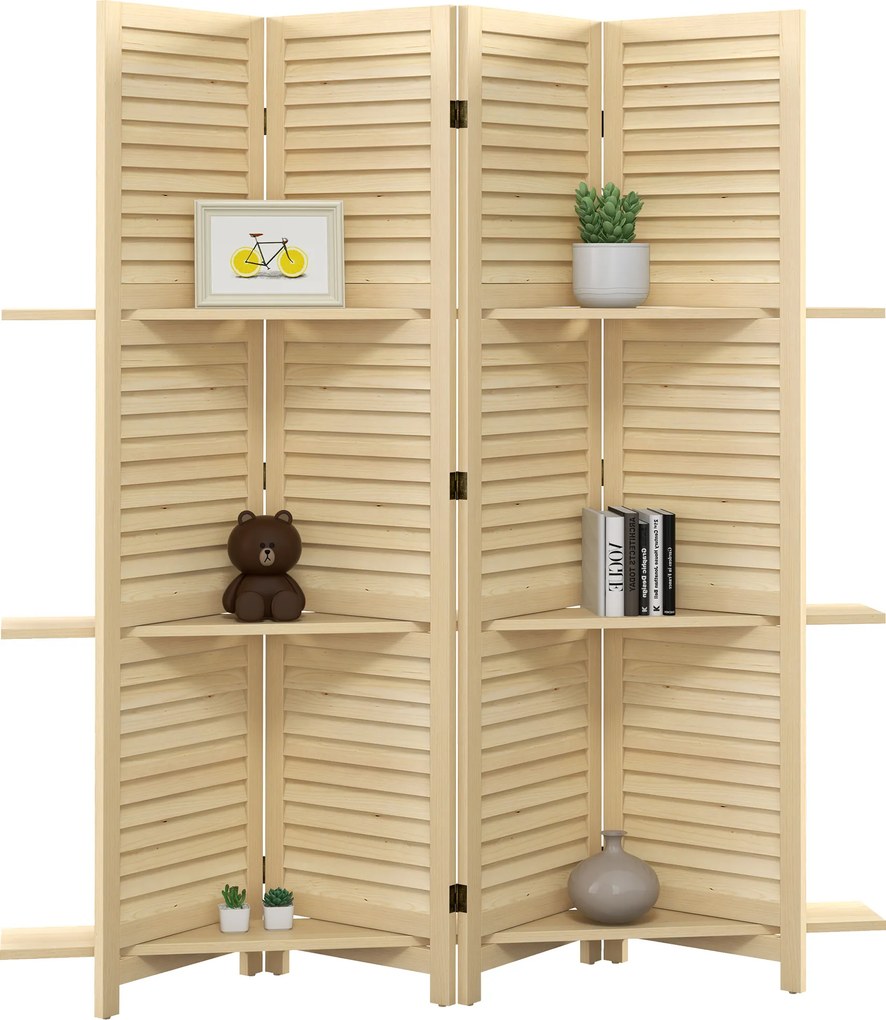 Biombo de interior de 4 painéis, 160 cm (L) x 170 cm (A), com 3 prateleiras dobráveis, divisória de ambientes, portas com persianas, acabamento natura