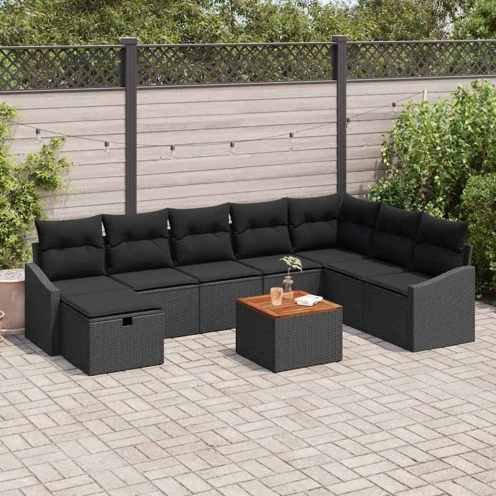 vidaXL Conjunto de Sofá de Jardim de 9 Peças com Almofadas Preto em Rattan Sintético