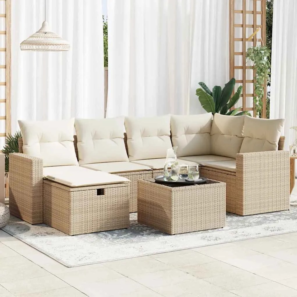 vidaXL 7 pcs conjunto de sofás p/ jardim com almofadões vime PE bege