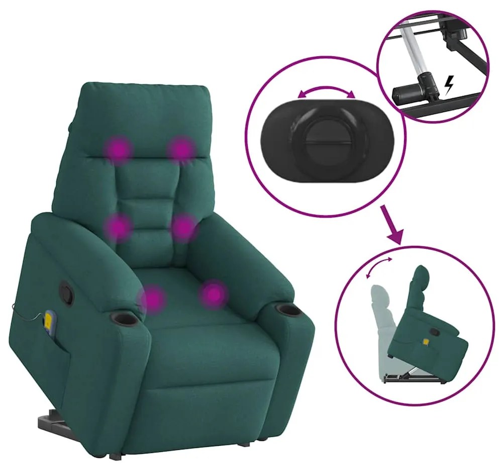 Poltrona reclinável elevatória de massagens tecido verde-escuro