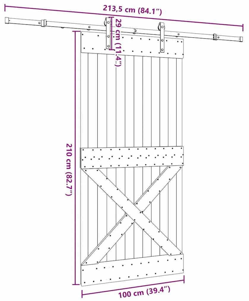 Porta de correr c/ ferragens 100x210 cm madeira de pinho maciça