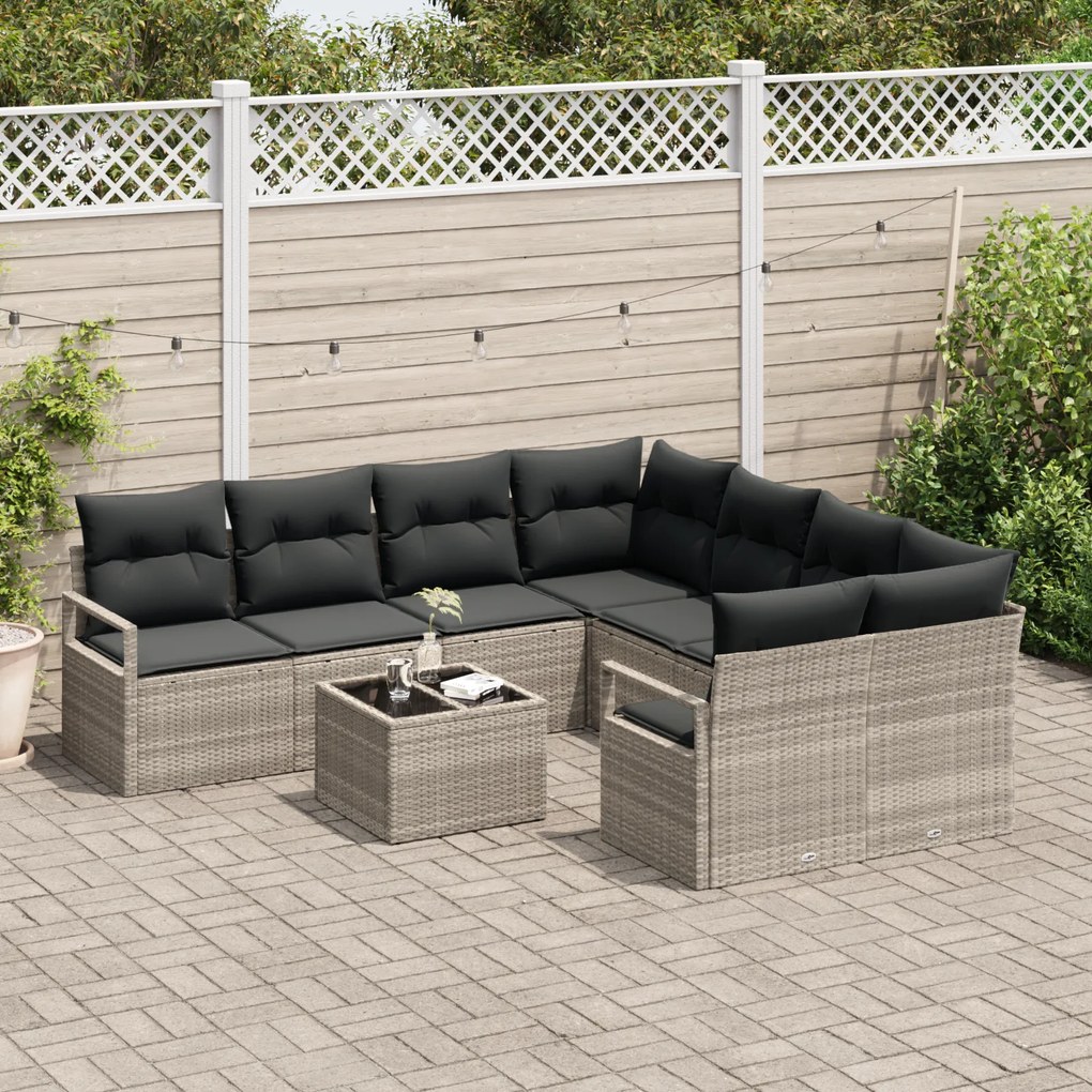 Conjunto de Sofá vidaXL de 9 Peças com Almofadas Cinza Claro Rattan Po