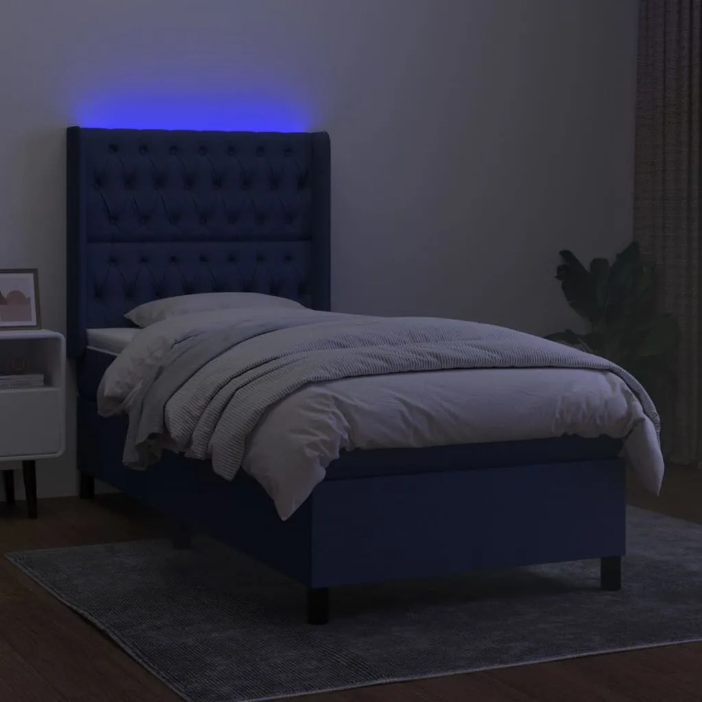 Cama box spring c/ colchão e LED 100x200 cm tecido azul