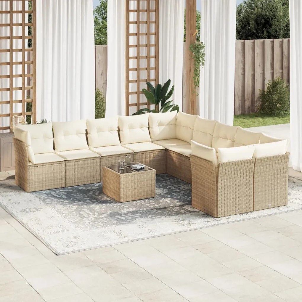 11 pcs conjunto sofás de jardim c/ almofadões vime PE bege