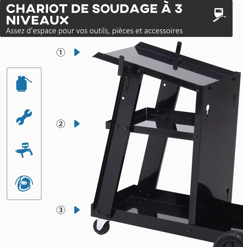 Carro de Soldadura Móvel (MAQUINA SOLDAR NÃO INCLUIDA), 71 x 39 x 70 cm, 3 Níveis, Preto