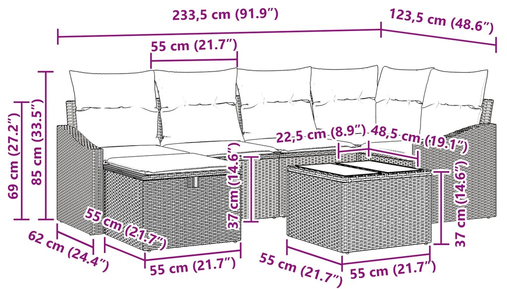 Conjunto de Sofá de Jardim de 7 Peças com Almofadas Bege Rattan Poliés