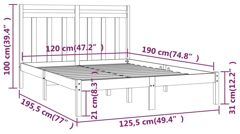 Estrutura de cama dupla pequena 4FT 120x190 cm madeira maciça