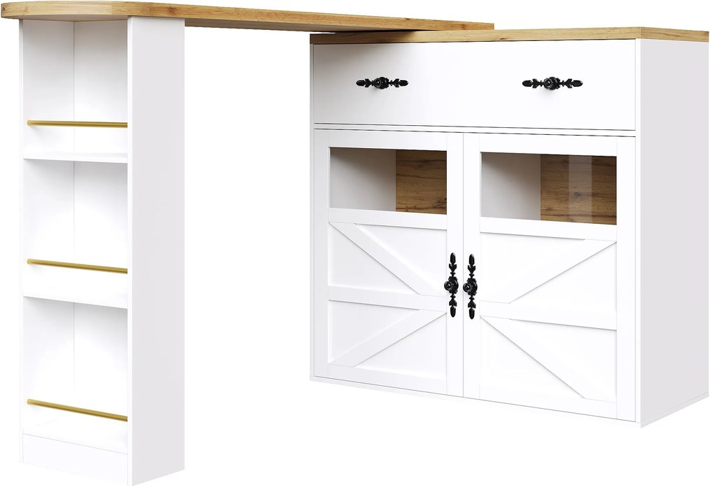 Mesa de bar extensível com arrumação e função giratória 360°, 138-204C x 39L x 104A cm, Branco