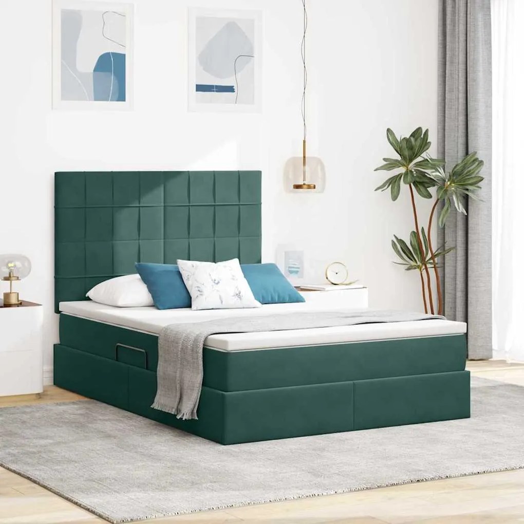 vidaXL Cama com arrumação e LED Verde Escuro 140 x 190 cm Veludo