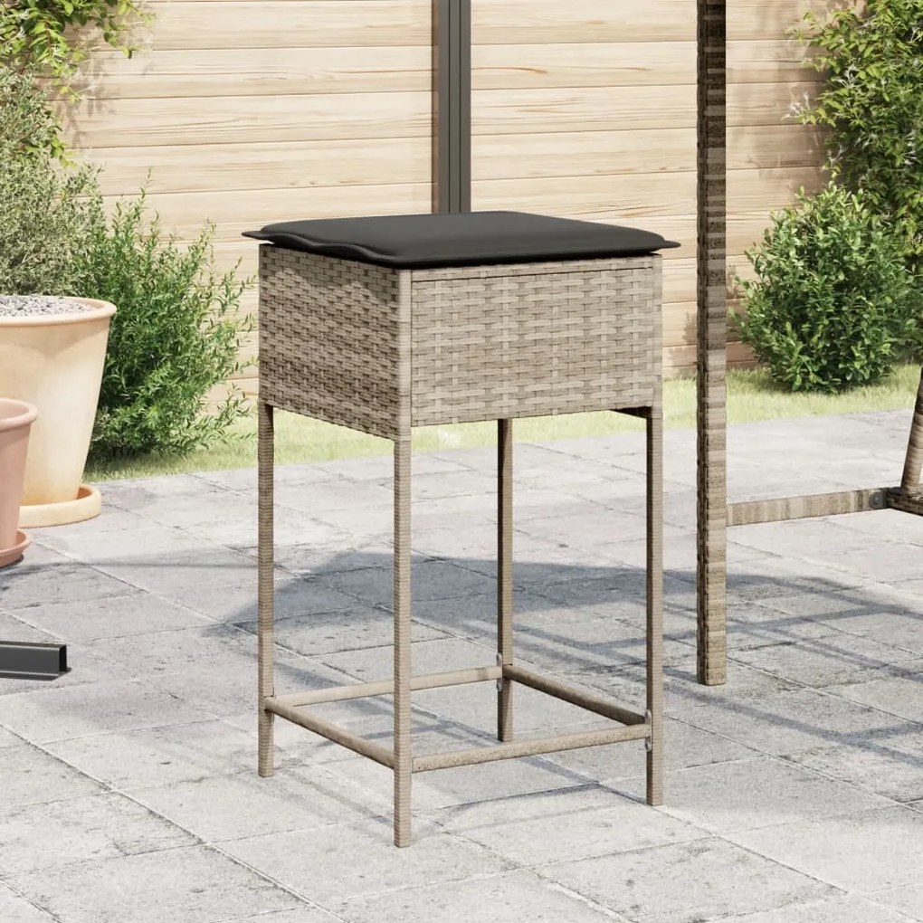 Bancos de bar p/ jardim com almofadões 2pcs vime PE cinza-claro