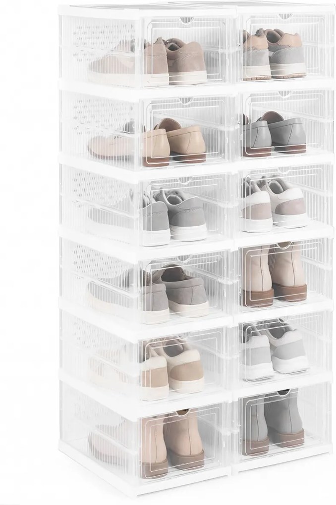 Caixas de sapatos dobráveis, 6 níveis, em plástico, com porta basculante, portáteis, para entrada, armário transparente + branco