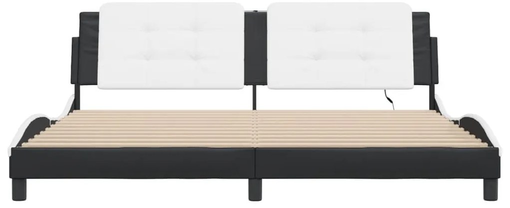 Estrutura cama c/ luz LED 200x200 cm couro artif. preto/branco