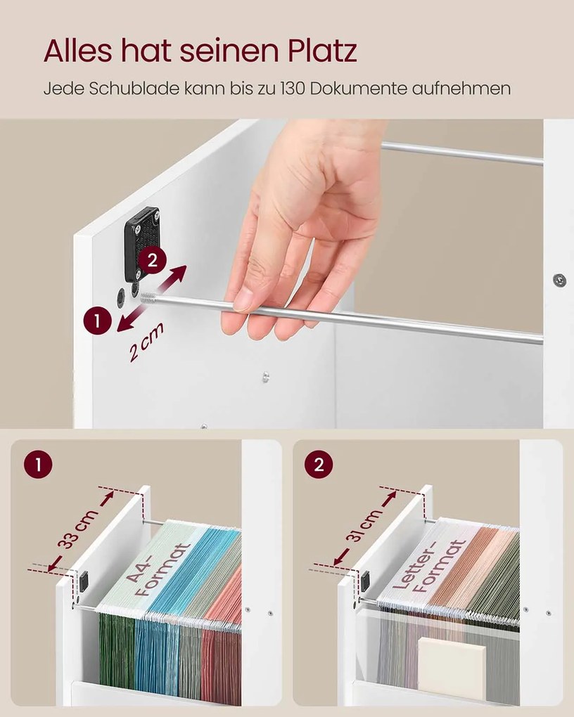 Armário de arquivo escritório 40 x 41 x 135,5 cmcom 4 gavetas com fechadura Branco