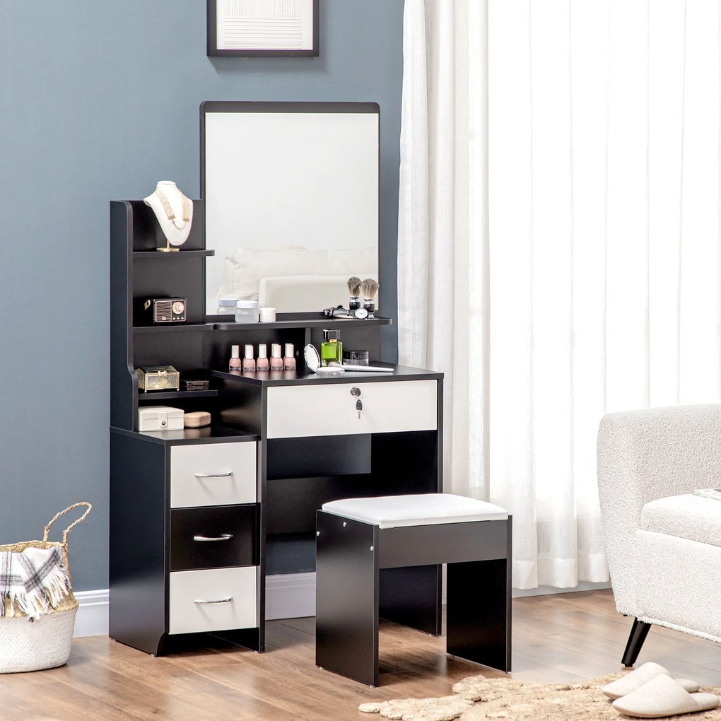 Conjunto de toucador com banco estofado, espelho grande + várias prateleiras abertas + 4 gavetas, branco e preto