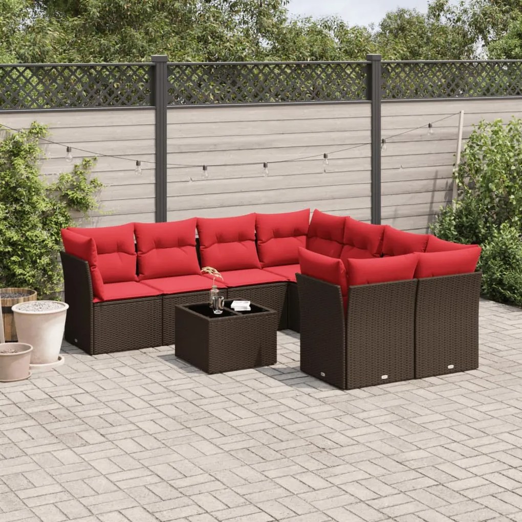 vidaXL 9 pcs conjunto sofás p/ jardim c/ almofadões vime PE castanho