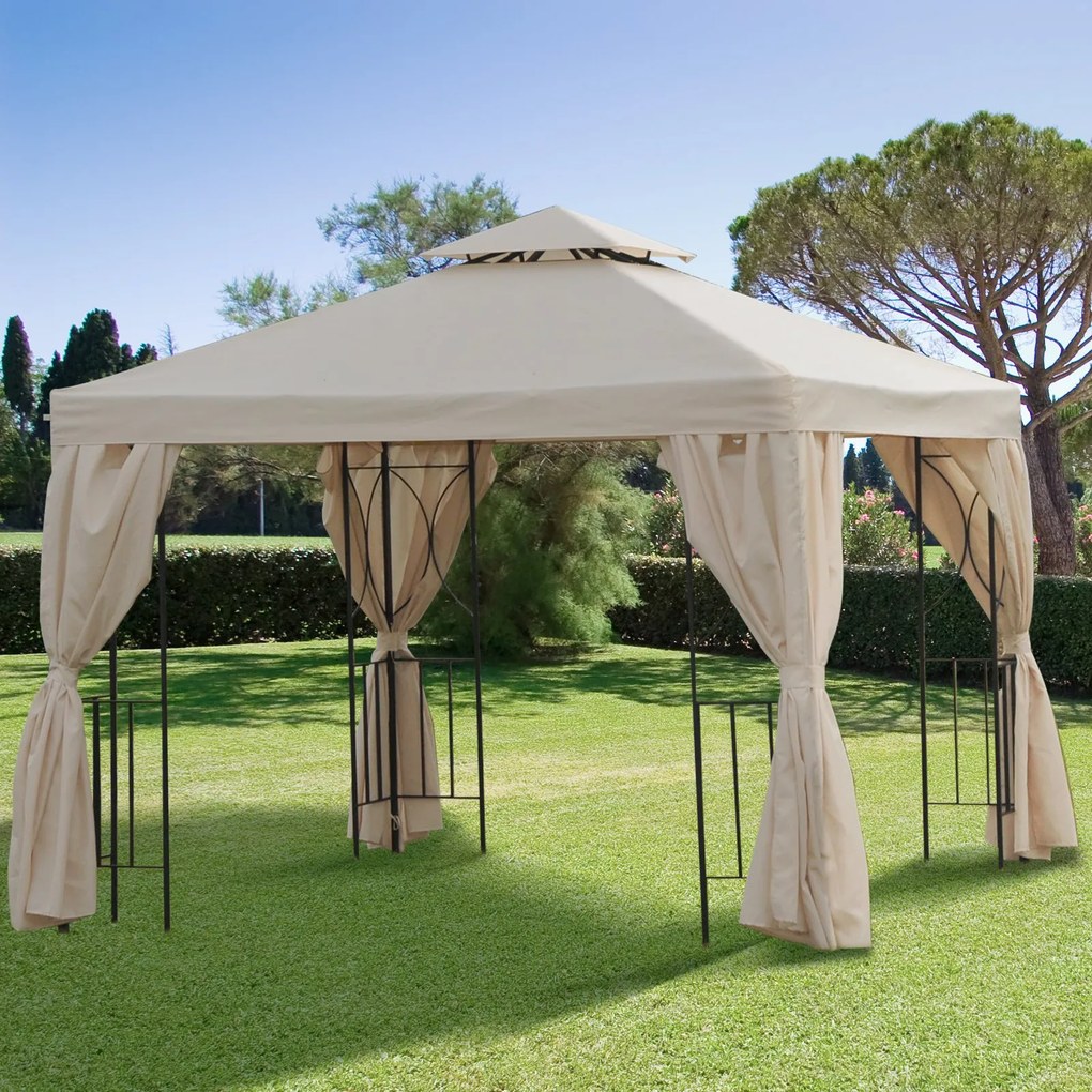 Gazebo de jardim Pavilhão de 3 x 3 m com 4 cortinas laterais removíveis com zíper, 8 orifícios de drenagem e telhado duplo bege