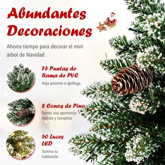 Mini Árvore de Natal de mesa 64 cm Pré-iluminada com 50 Luzes LED 8 Pinhas e Base verde