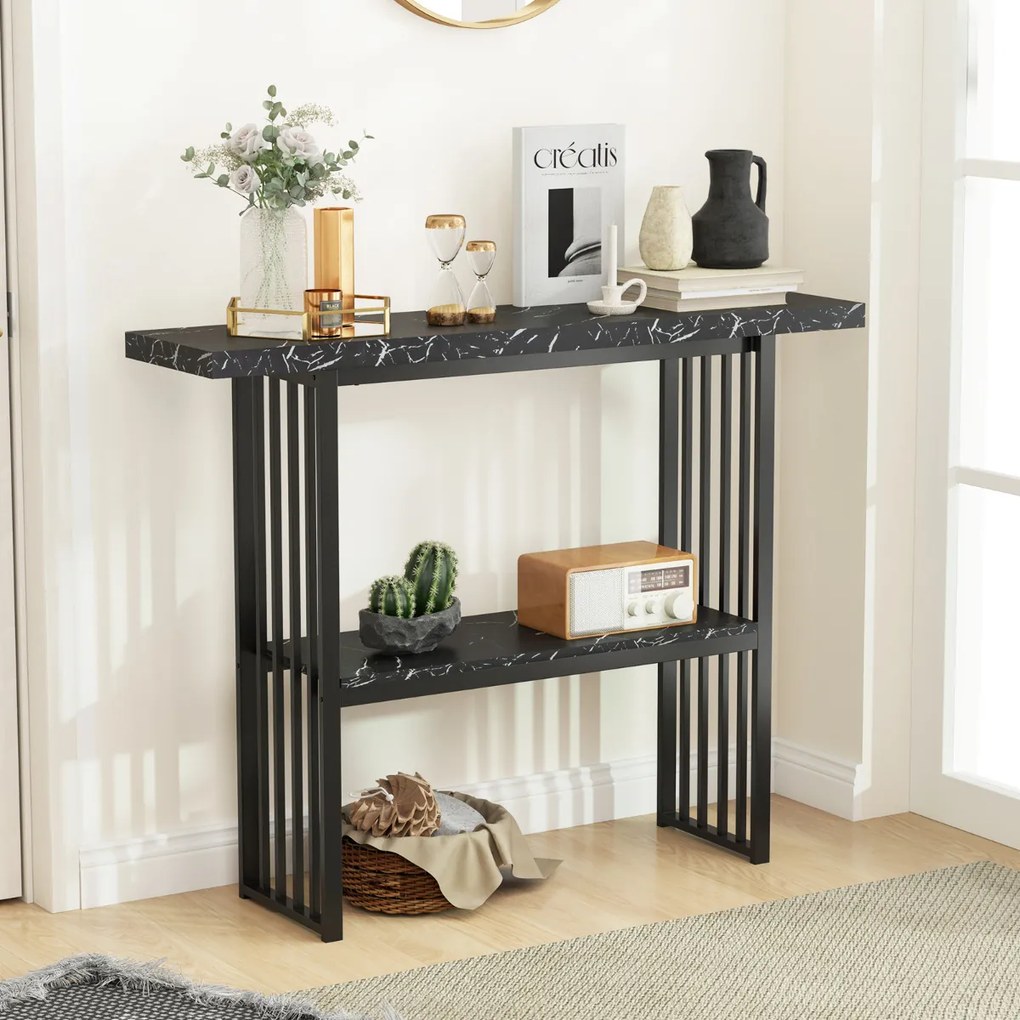 Mesa Consola de 2 Níveis Estreita em Imitação de Mármore com Estrutura em Aço 120 x 29,5 x 92,5 cm Preta