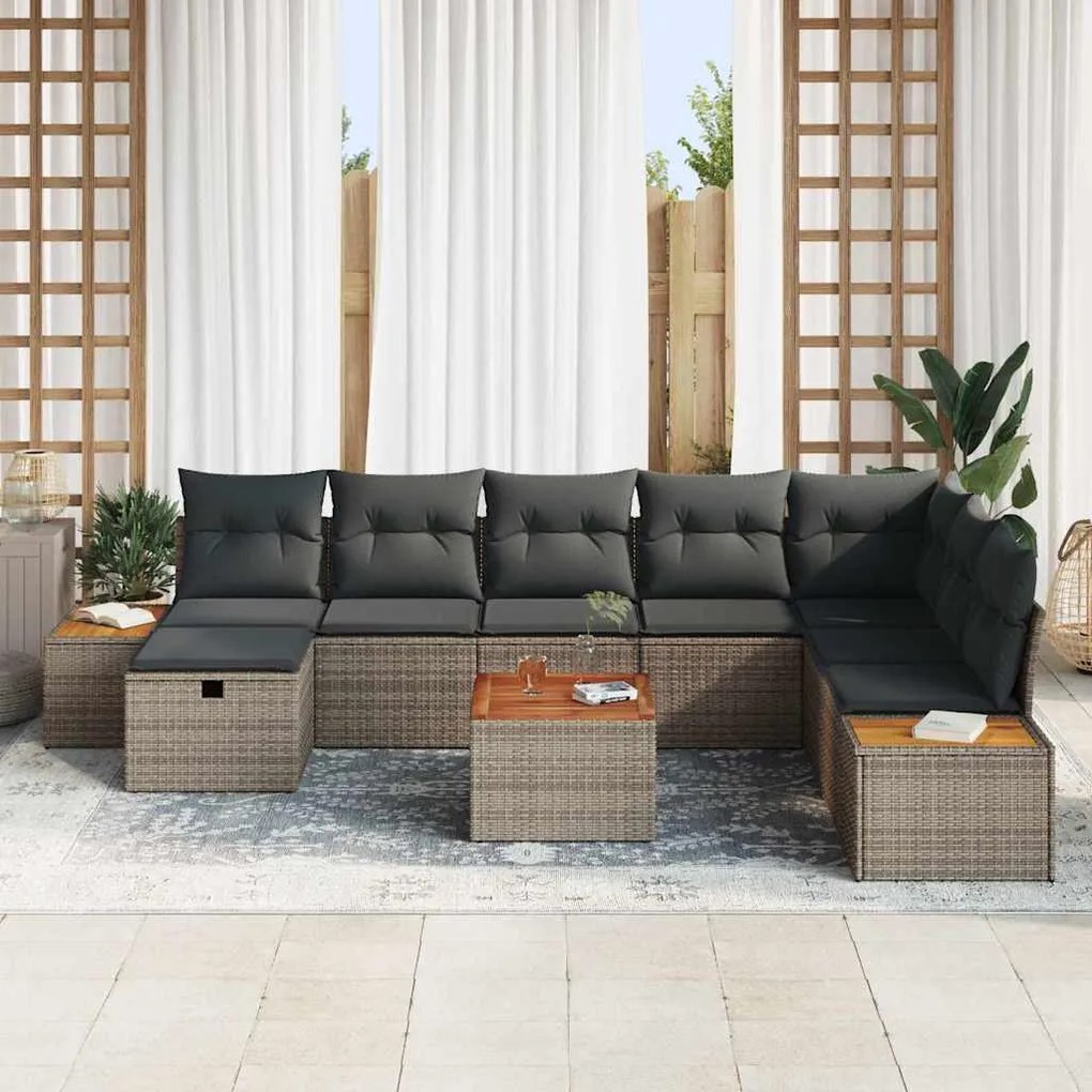 Conjunto de Sofá de Jardim de 9 Peças com Almofadas Cinza Rattan Polip