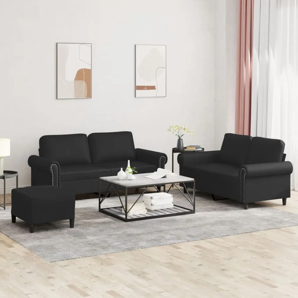 vidaXL 3 pcs conjunto de sofás com almofadões couro artificial preto