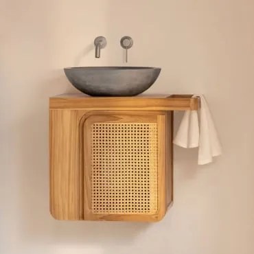 Conjunto De Móvel De Casa De Banho Suspenso 60x40 Cm Em Madeira De Teca Georgy Madeira De Teca & Cimento Cinzento Redondo Ø40 Cm Tarsis & - Sklum