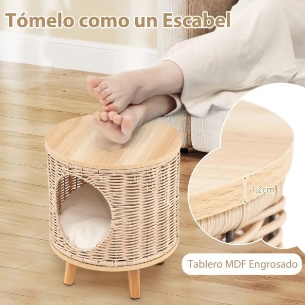 Casa para gatos de interior com estrutura em rattan respirável, pés em madeira de borracha, parte superior em MDF e almofada removível bege