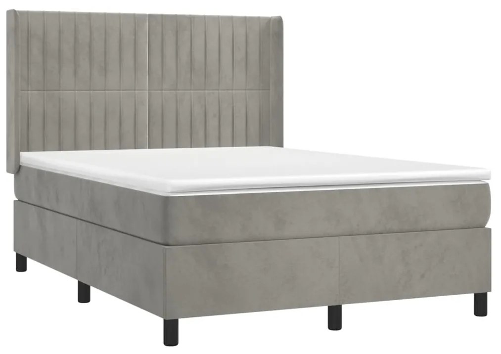 Cama box spring c/ colchão/LED 140x200 cm veludo cinzento-claro