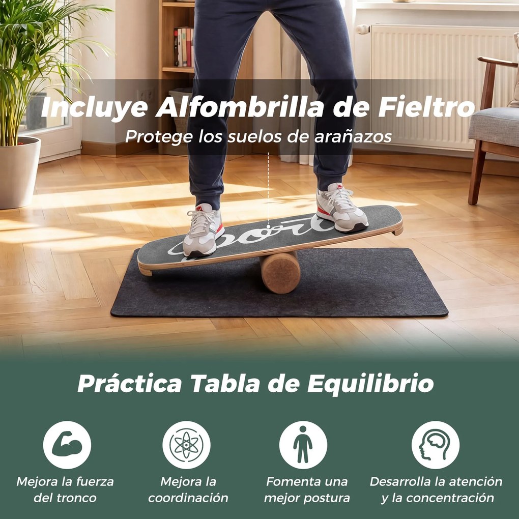 Prancha de equilíbrio em madeira com rolo de cortiça, superfície antiderrapante, travões para surf, crianças e adultos, capacidade de carga de 100 kg,