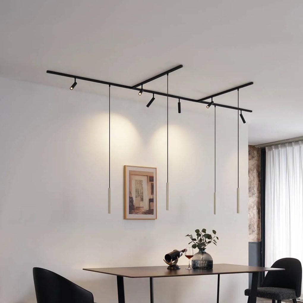Sistema de iluminação de trilho moderno com 6 focos e 4 pendentes bege com preto monofásico - Slimline Uzzy Keno