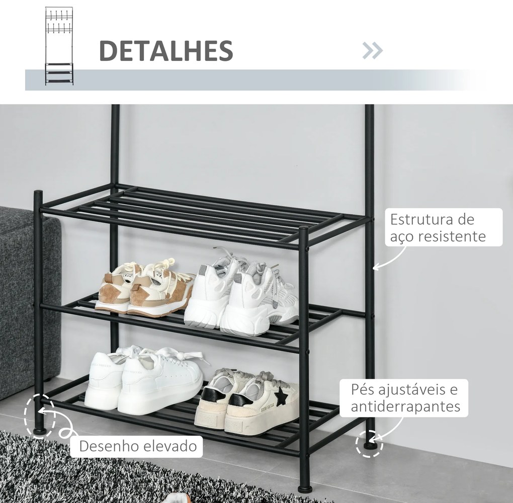 HOMCOM Móvel Cabide de Entrada com 18 Ganchos e Sapateira Armário de Entrada com Cabide com 3 Prateleiras 67x30x185 cm Preto