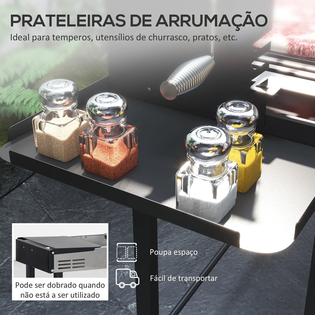 Grelhador a Carvão  Portátil 118x32x90 cm com Espeto Giratório Ajustável em Altura com 3 Níveis Preto