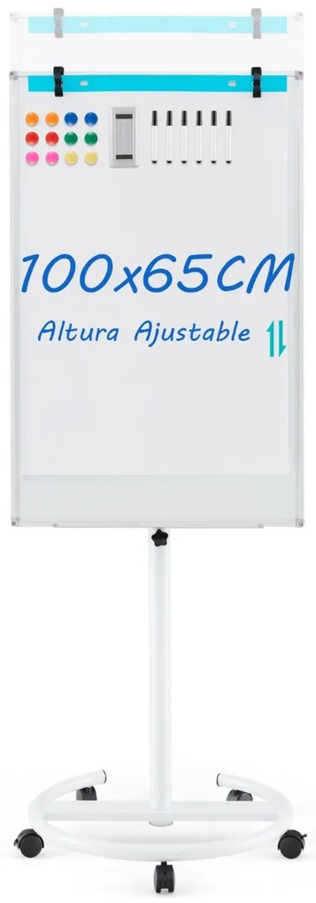 Quadro branco ajustável em altura com rodas com clipes para papel e tabuleiro 65 x 60 x 132-192 cm Branco
