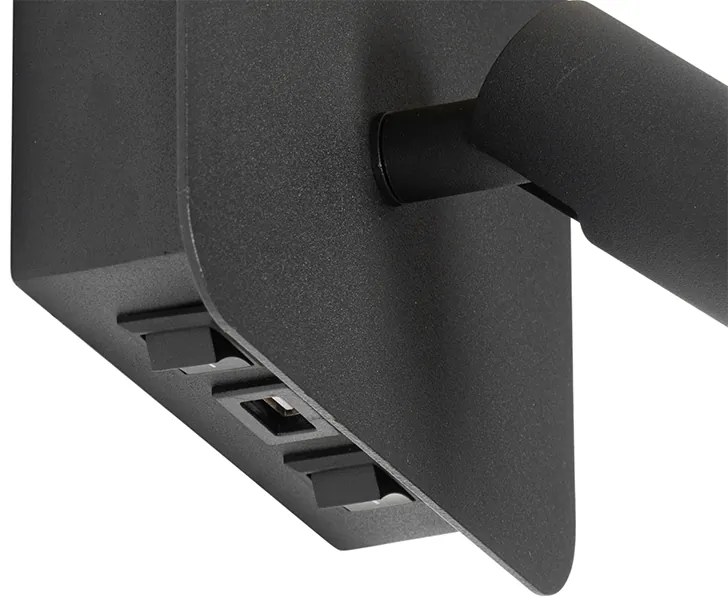 Candeeiro de parede preto com LED e porta USB e luz de leitura com interruptor - Robin