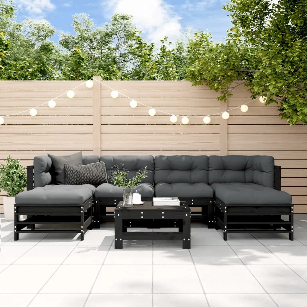 vidaXL 7 pcs conjunto lounge jardim c/ almofadões madeira maciça preto