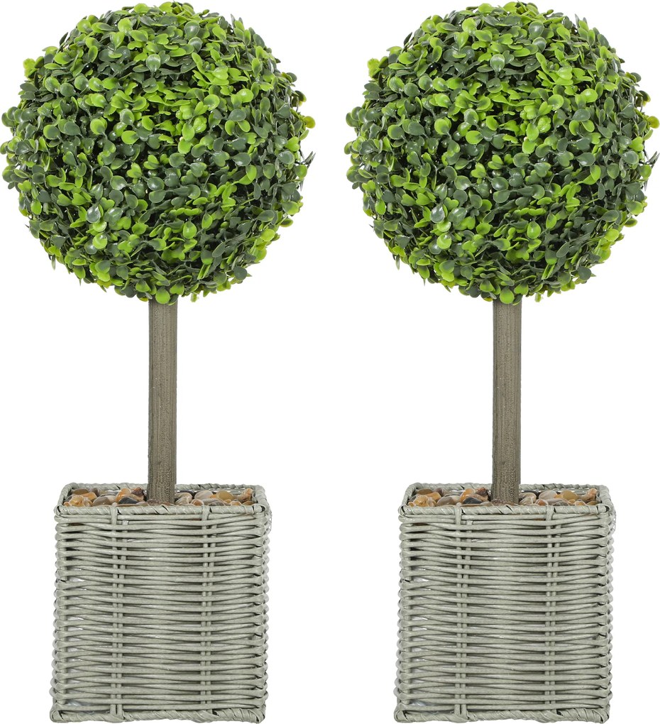 HOMCOM Conjunto de 2 plantas artificiais decorativas, esferas de buxo artificiais 50 cm com vaso de plástico trançado e seixos, verde | Aosom Portugal